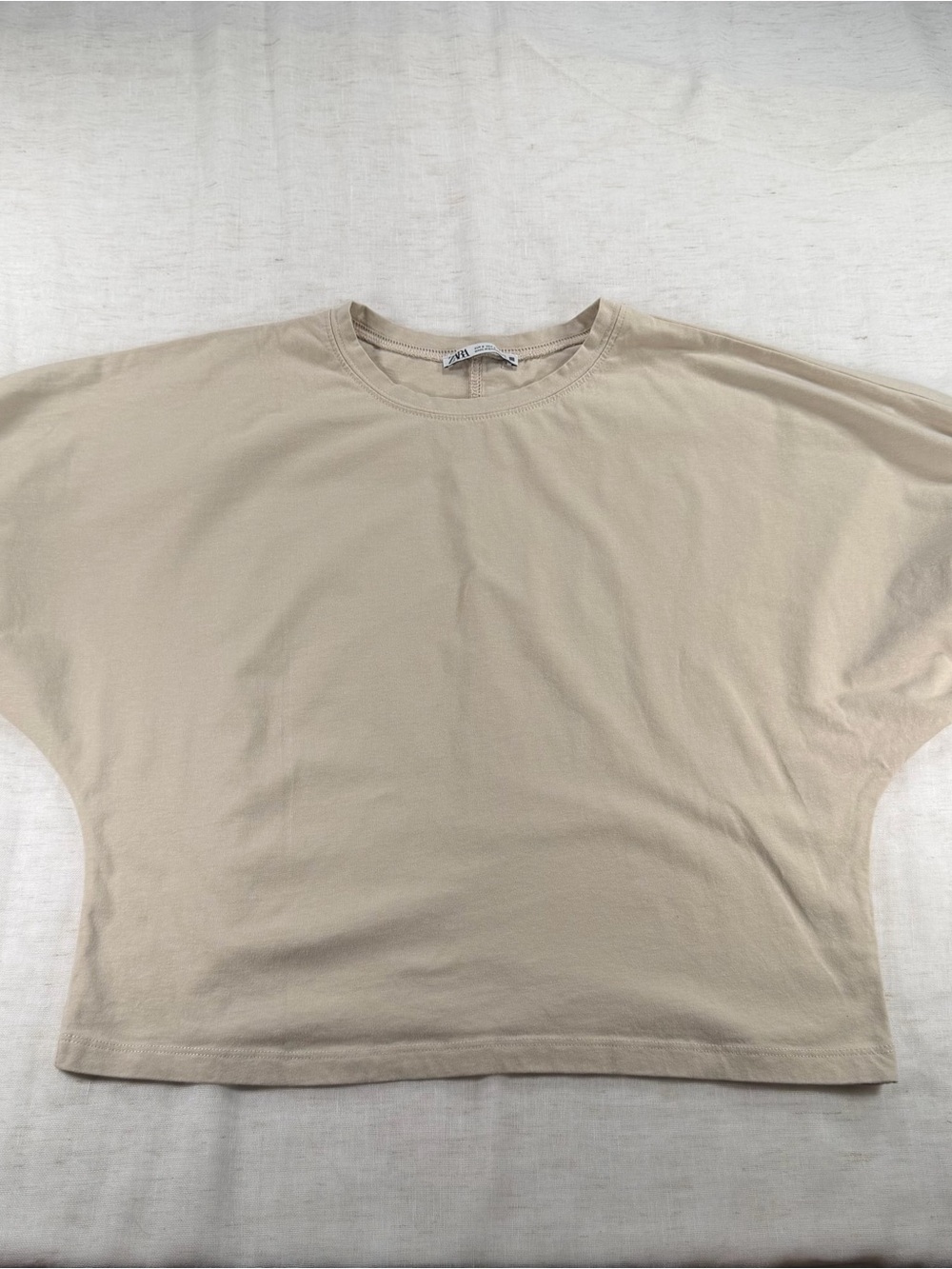 Zara Beige Solid Ruched Dolman Sleeve Knit Crew Neck Short Sleeve T-Shirt S